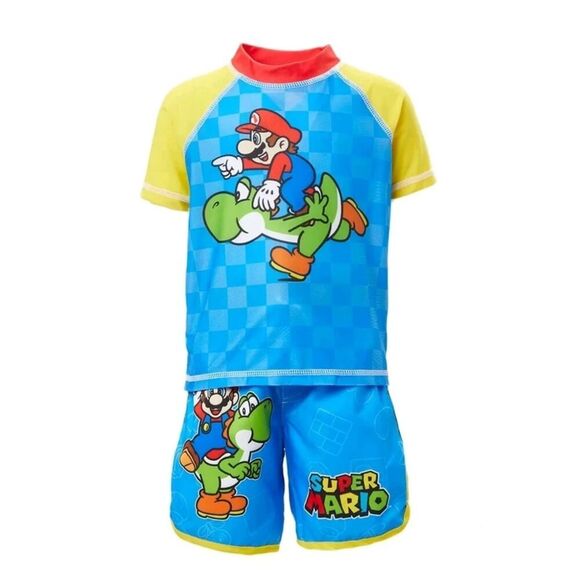 Super Mario Toddler 3T Rashguard 2-piece Swim Tee + Swim Shorts Blue Yellow NWT - Picture 4 of 4